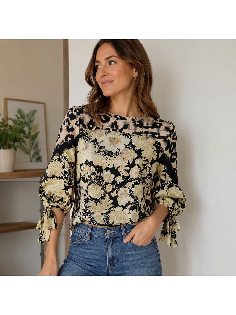 Rebecca Taylor SZ 2 100% Silk Printed Blouse-Floral + Animal Print-Tie Sleeve